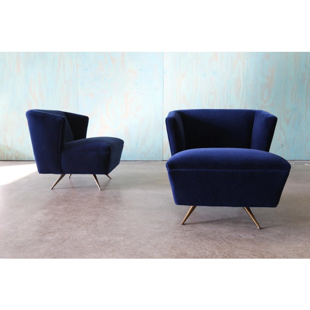 Mid-Century Modern 1950s Henry P Glass Swivel Lounge Chairs Blue Mohair on Brass Legs Jl Chase Co. - A Pair For Sale - Image 3 of 12
