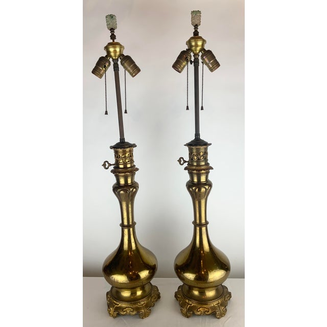 Metal 1950s Pair of Hollywood Regency Brass Lamps For Sale - Image 7 of 15