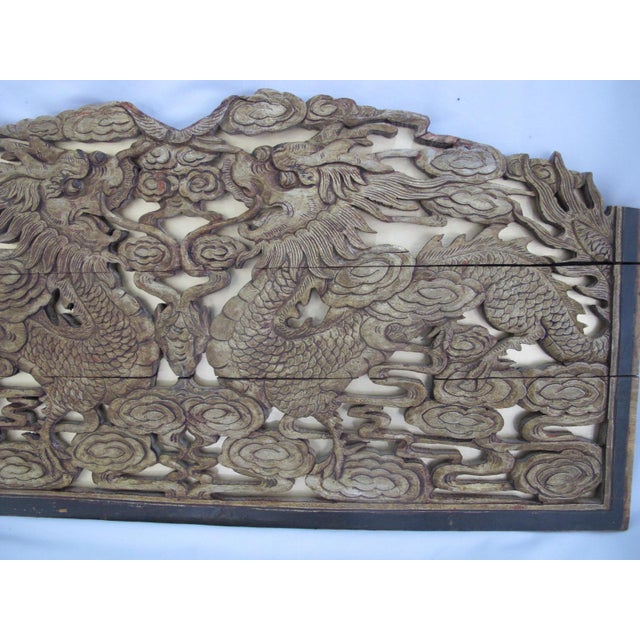 Chinese Carved Wood Relief Double Dragon in Clouds Wall Hanging Panel For Sale - Image 4 of 6