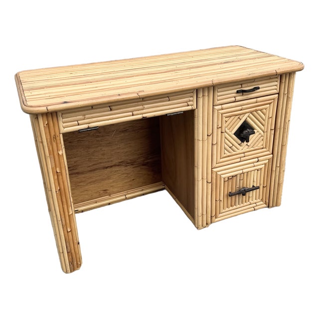 Vintage Boho Chic Pencil Reed Bamboo Writing Desk For Sale