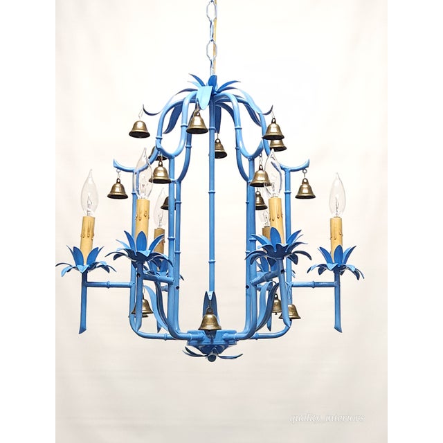Splendid Italian Tole Vintage Baby Blue Faux Bamboo Pagoda Brass Chandelier ~ Rewired ~ Restored ~ Rejuvenated ~ Ready to Hang ~ For Sale - Image 11 of 12