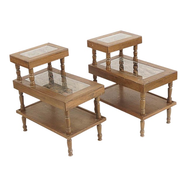 A Pair of Mid-Century Asian 3-Dimensional Wood Carved Step Tables For Sale