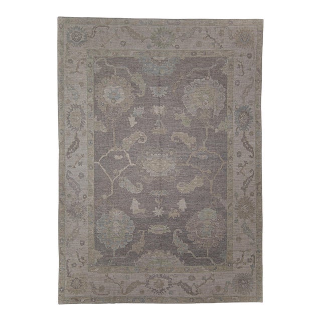 Turkish Oushak Rug Gray & Green Handwoven Wool Rug 8'9" X 12'1" For Sale