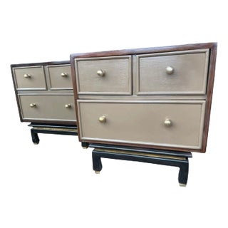 1950s Pair of American of Martinsville Nightstands - Restored - Dark Walnut & Butterscotch Lacquer - Mid-Century For Sale