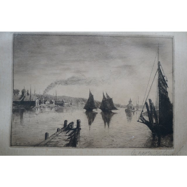 Printmaking Materials Antique John Hill Millspaugh Signed Nautical Ship Harbor Seascape Etching 29" For Sale - Image 7 of 10