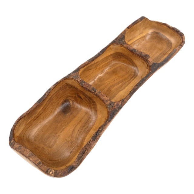 Hand-Carved Peruvian Olive Wood 3-Section Serving Bowl With Live Edge 18.75"l For Sale