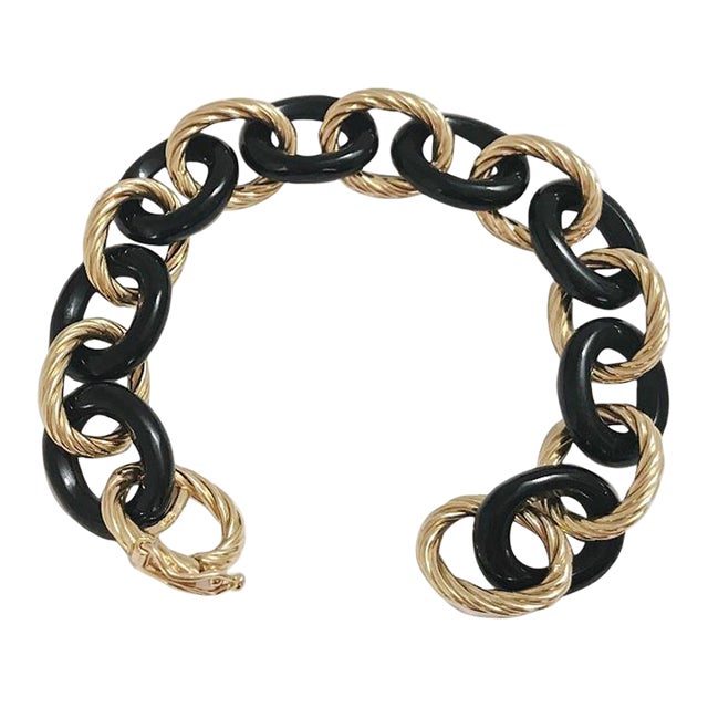Christina Addison Elegant Alternating Yellow Gold Twisted Link and Black Jade Link Bracelet For Sale