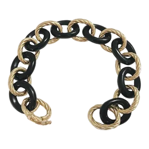 Christina Addison Elegant Alternating Yellow Gold Twisted Link and Black Jade Link Bracelet