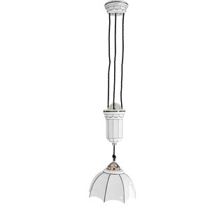 Vintage Bauhaus Adjustable Porcelain Pendant Light with Opal Glass Shade, 1920s For Sale