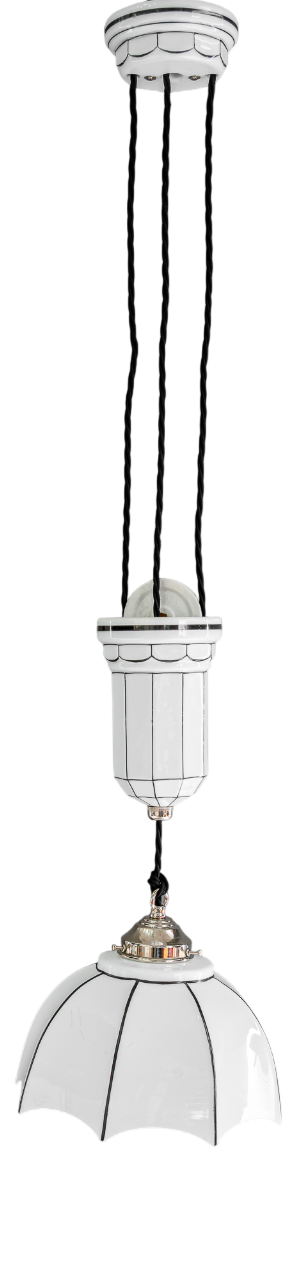 Vintage Bauhaus Adjustable Porcelain Pendant Light with Opal Glass Shade, 1920s