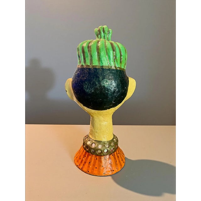 Orange India Paper Mache Folk Art Bust Pair-Rajasthani Style Heads-Kasmiri-Sculpture For Sale - Image 8 of 15