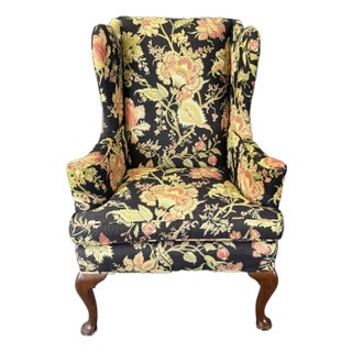 Vintage Queen Anne Upholstered Wingback Chair For Sale