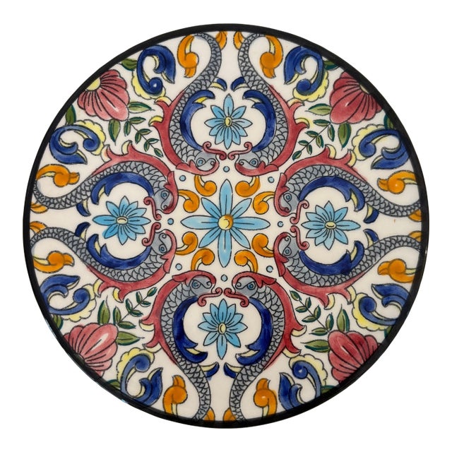 Vintage Spanish Ceramar Talavera Wall Plate Hand-Painted 7 In. Jewel Tone Colors For Sale