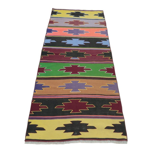 1970s Southwestern Geometric Natural Rainbow Colorful Striped Kilim Rug For Sale