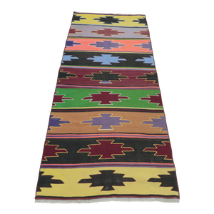 1970s Southwestern Geometric Natural Rainbow Colorful Striped Kilim Rug