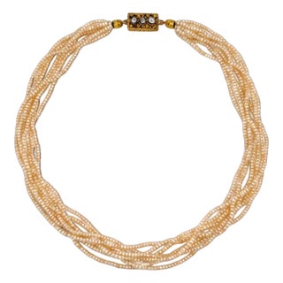 Antique Belle Époque Multi Strand Pearl Choker Necklace — 18k Gold & Old-Cut For Sale
