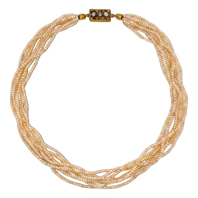 Antique Belle Époque Multi Strand Pearl Choker Necklace — 18k Gold & Old-Cut For Sale