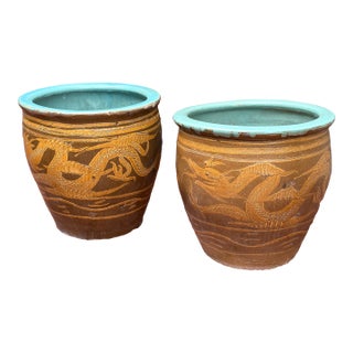 Large Chinese Glazed Terracotta Earthenware Planter Set Decorated With Dragons Egg Pots For Sale