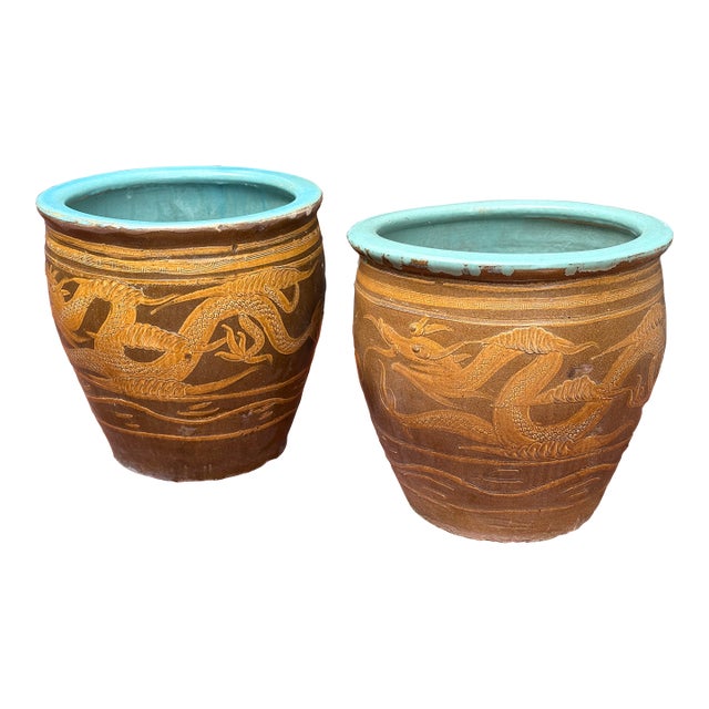 Large Chinese Glazed Terracotta Earthenware Planter Set Decorated With Dragons Egg Pots For Sale