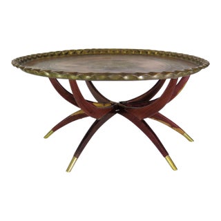 Carlo Di Carlo Italian 6 Leg Spider Leg Juniper Wood Table W/Heavy Brass Moroccan Top Attributed to Carlo Di Carli For Sale