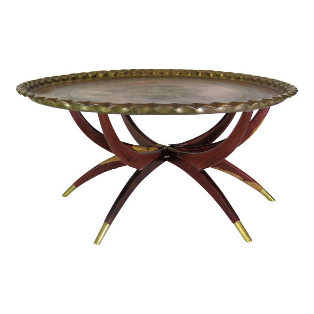 Carlo Di Carlo Italian 6 Leg Spider Leg Juniper Wood Table W/Heavy Brass Moroccan Top Attributed to Carlo Di Carli For Sale