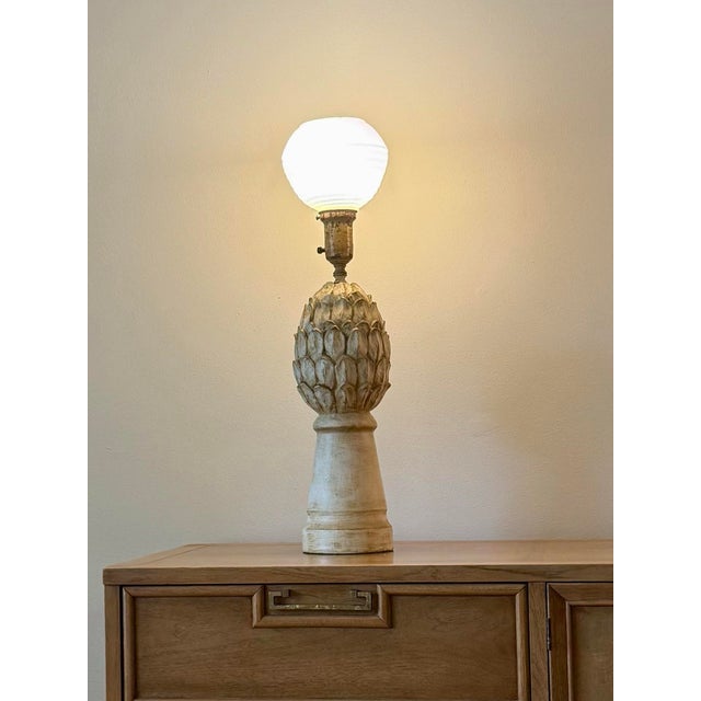 1960s Vintage Hollywood Regency Carved Artichoke Table Lamps, Pair With Ribbed Milk Glass Globes For Sale - Image 5 of 9