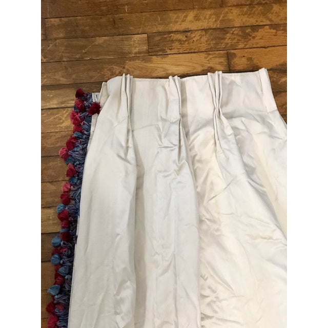 Early 21st Century Pair of Custom French Pleat Ivory Drapes With Blue and Pinkish Red Samuel & Sons Trim For Sale - Image 5 of 10