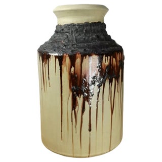 Mid-Century Beige and Brown Drip Glazed Ceramic Vase, 1970s For Sale