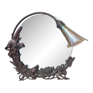 Beautiful Art Nouveau Bronze Tiffany Studios Style Mirror With Golden Lily Lamp