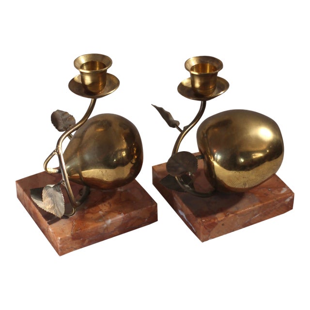 1970s Apple and Pear Brass Marble Candleholders- a Pair For Sale