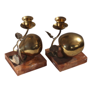 1970s Apple and Pear Brass Marble Candleholders- a Pair