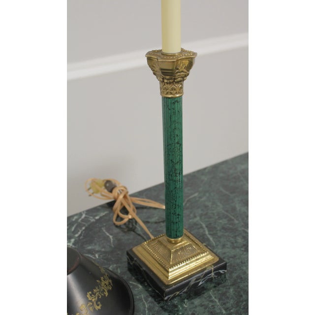 Traditional Regency Style Green Column Table Lamp W. Tole Shade For Sale - Image 3 of 10