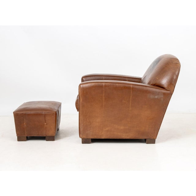 Art Deco Brown Leather Club Chair and Ottoman For Sale - Image 9 of 10