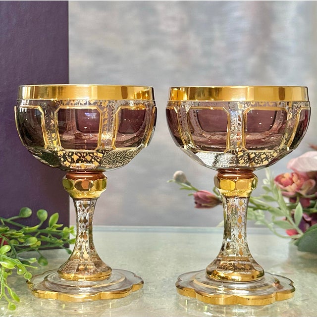 Antique Steiner & Vogel Amethyst and Gold Champagne Coupes Moser Styled - A Pair For Sale - Image 11 of 12