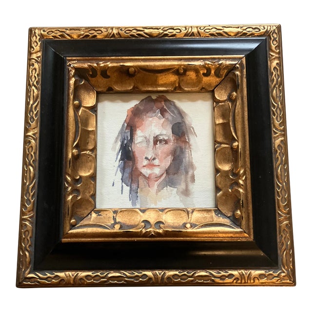 1970’s Original Vintage Abstract Watercolor Portrait Painting Chunky Black & Gold Frame For Sale
