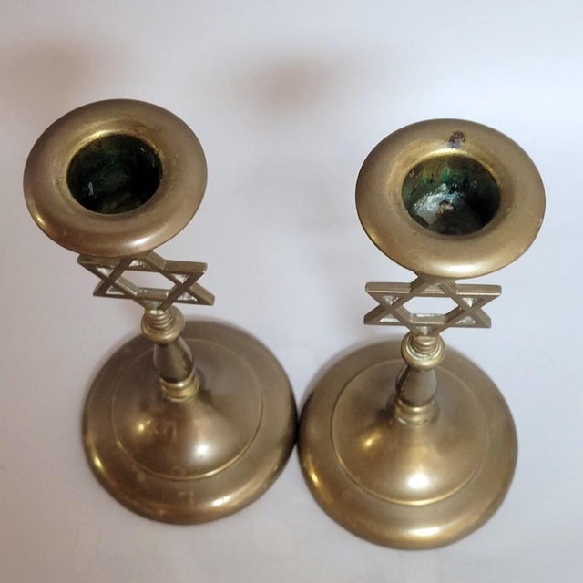 Mid-Century Modern Pair of Brass Star of David Judaica Candle Holders, Mid-Century For Sale - Image 3 of 5