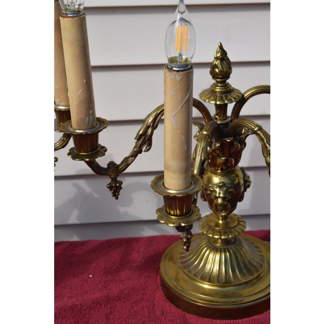 Metal Pair of Early 20th Century Table Top 4 Lights Candelabra Victorian Style Lamps with Lion Heads in Brass For Sale - Image 7 of 12
