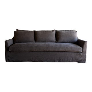 Slip Covered Olivier Cushion Sofa in Cafe Noir Brown Linen With Down Cushion For Sale