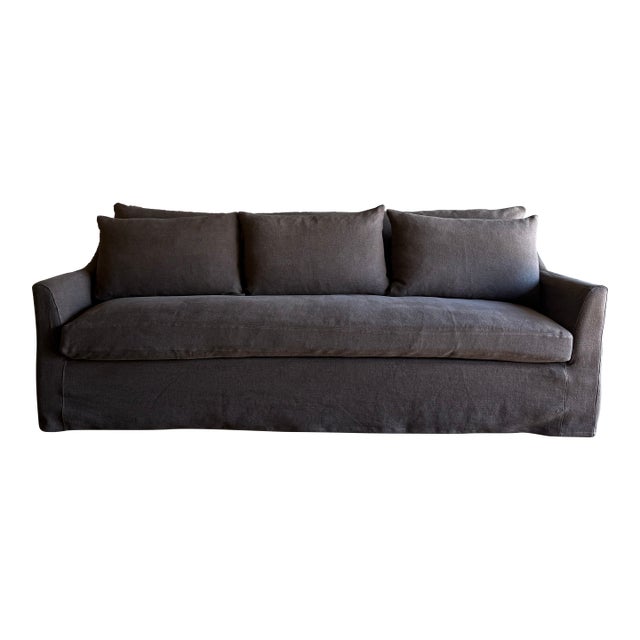 Slip Covered Olivier Cushion Sofa in Cafe Noir Brown Linen With Down Cushion For Sale