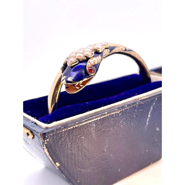 Late 19th Century 14k Cobalt Blue Enamel Snake Bracelet With Pearls For Sale - Image 12 of 12