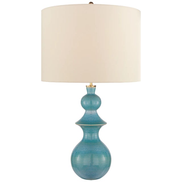 Kate Spade New York for Visual Comfort Signature Saxon Large Table Lamp in Sandy Turquoise with Cream Linen Shade For Sale