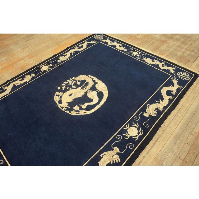Textile 1900s Blue Navy Dragon Crane Medallion Antique Chinese Peking Carpet 5' X 6'10" Knotted Wool Rug For Sale - Image 7 of 8