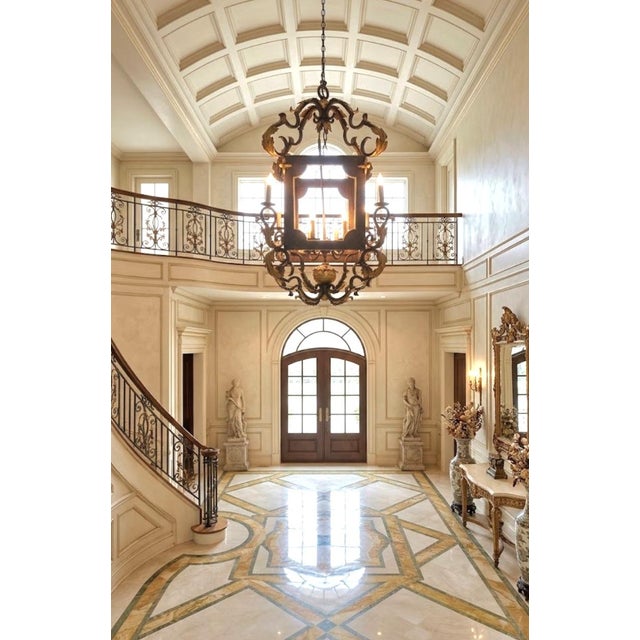 Spanish Revival Huge Vintage Florentine Gold Gilt & Dark Iron Acanthus Leaf 8-Light Lantern Chandelier For Sale - Image 3 of 9