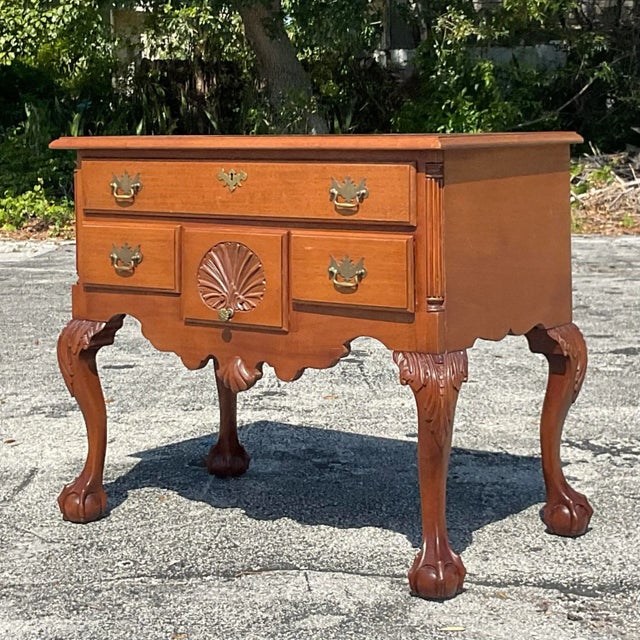 Chocolate Vintage Chippendale Sunrise Lowboy For Sale - Image 8 of 12