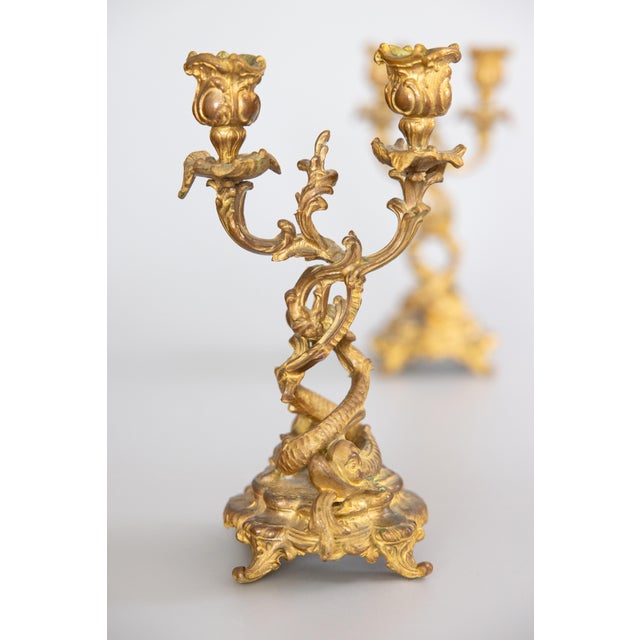 Late 19th Century 19th Century French Rococo Gilt Bronze Dolphin Candelabras - A Pair For Sale - Image 5 of 13