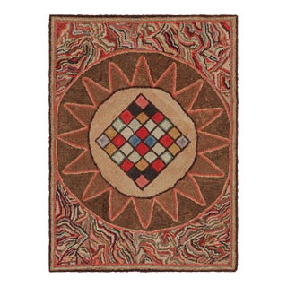 Antique Framed Hooked Rug, Brown With Colorful Medallion Mosaic - Rug & Kilim For Sale