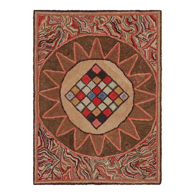 Antique Framed Hooked Rug, Brown With Colorful Medallion Mosaic - Rug & Kilim For Sale