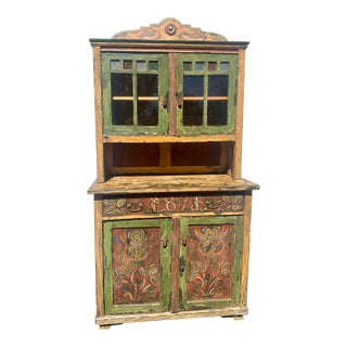 1871 Scandinavian Folk Art Step-Back Cupboard With Original Decorative Glass For Sale
