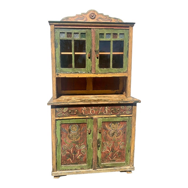 1871 Scandinavian Folk Art Step-Back Cupboard With Original Decorative Glass For Sale