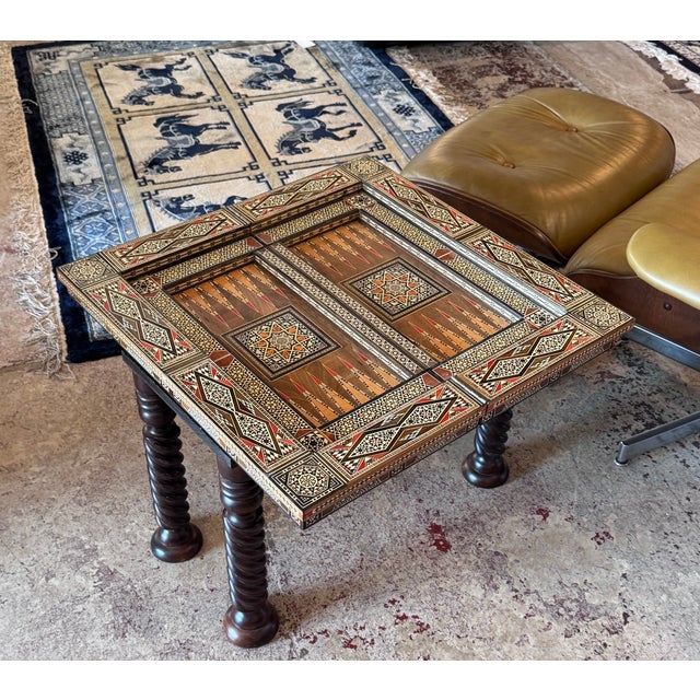 Vintage Marquetry Wood and Mother of Pearl Inlay Folding Game Table For Sale In Los Angeles - Image 6 of 10